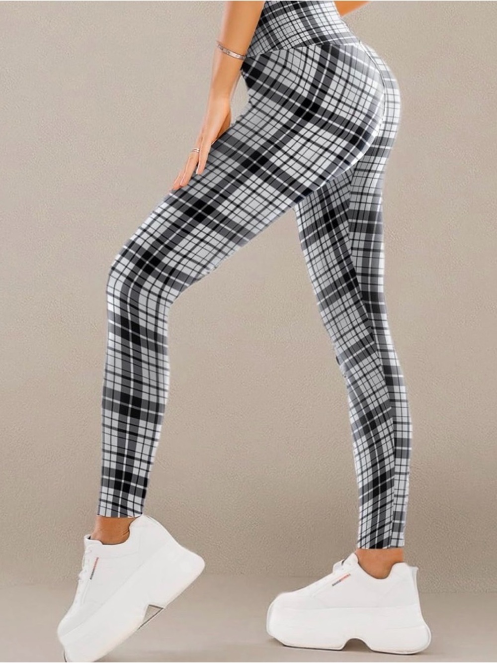 High-Waist Black & White Plaid Leggings